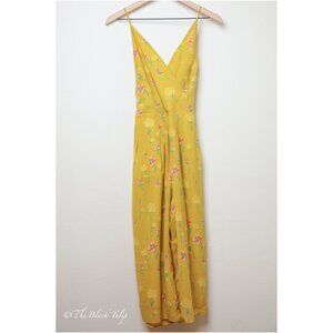 A New Day Jumpsuit M Yellow Floral Wide Leg Cropped Culotte V-Neck Sleeveless